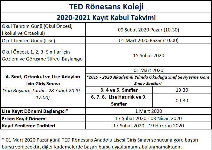 2020-2021 Ana Kayıt Takvimi
